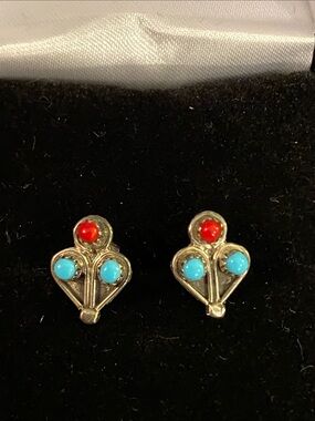 Authentic Zuni Snake Eye Turquoise Coral Sterling Silver Stud Earrings